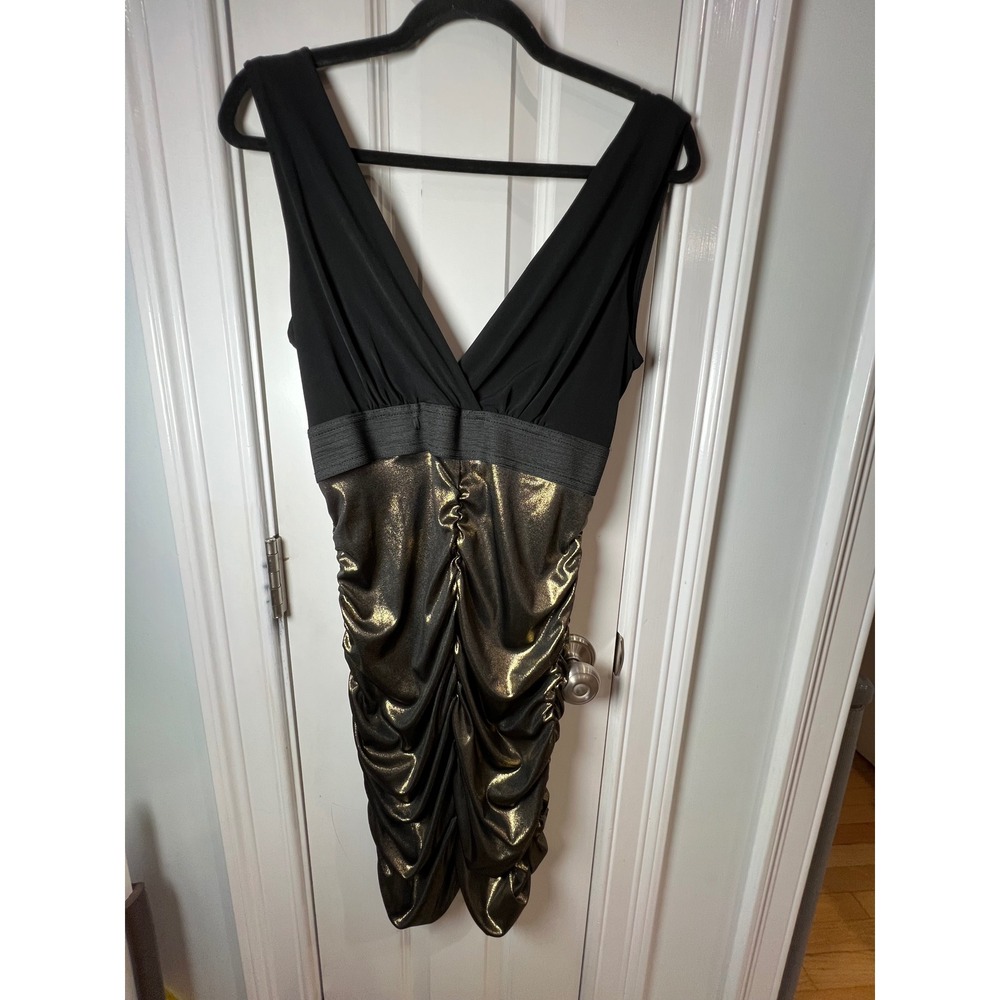 Arden B Womens Black Gold Metallic Ruched V-Neck Bodycon Cocktail Dress Large